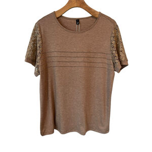 Sunbs Blouse Women's Large Beige Short Sleeve Lace NWT